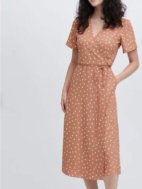 Uniqlo Polka Dot Wrap Midi Dress in Rust